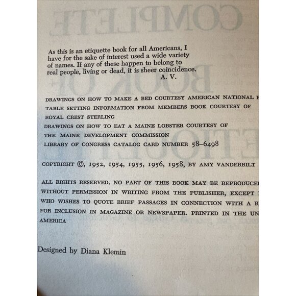 Amy Vanderbilts Complete Book of Etiquette Book 1958 Vintage Hardback Quantity 2 - Picture 7 of 7